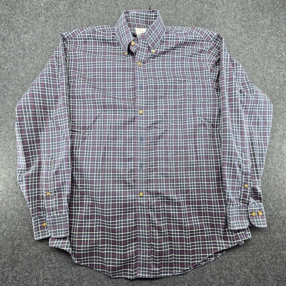 Brooks Brothers Dress Shirt Men's Sz. Large Non-Iron Original Polo Plaid Blue‎